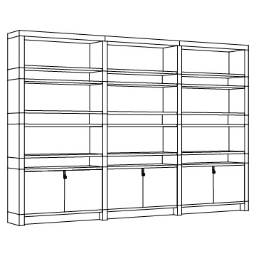 Huron Bookcase, 126.5 inches wide: Oak or Ash with 3 Bays