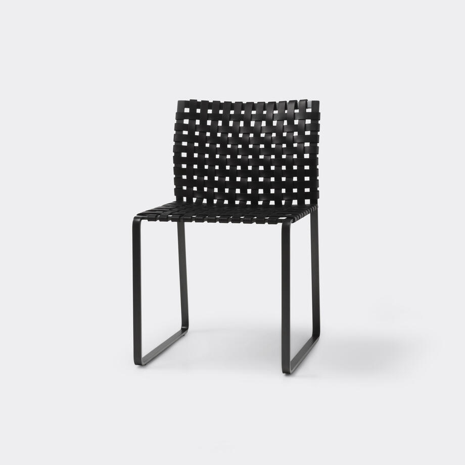 Side Chair, Narrow Black Leather Straps, Black Steel